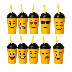Set 6 Vasos Plstico Emoji con Tapa y Sorbete - Ideal Cotilln y Fiestas